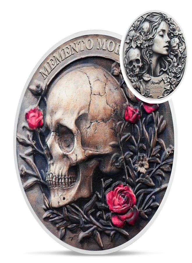 IELCJJ Memento Mori Skull Girl Coin - Red Rose Stoic Challenge Coin - Novelty EDC Amor Fati Token Medallions for Daily Stoic Practice - Inspirational Momento Mori Stoicism Gifts for Men Women Kids - Image 1